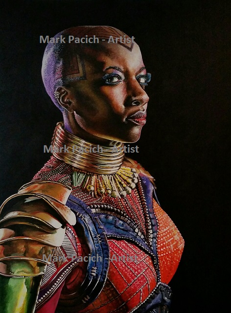 'Okoye.'  30' x 40' hand-painted acrylic on canvas.  Portrayed by actress Danai Gurira.  Original SOLD.  Canvas and lithograph prints available. #africa #WakandaForever #WakandaForeverID #Wakanda #BlackPanther #BlackPantherWakandaForever #blackpanther2 #africanart #DanaiGurira