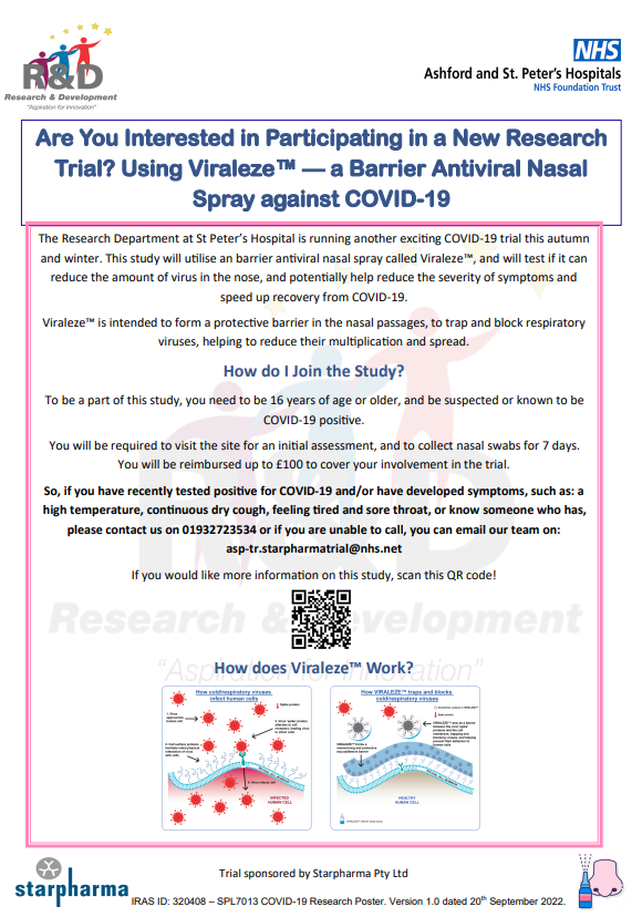 ASPHFT's tweet photo. The Research Department @ASPHFT  is running another exciting COVID-19 trial. This study will utilise an barrier antiviral nasal spray called Viraleze. If you are interested in taking part in the study email our team on asp-tr.starpharmatrial@nhs.net https://t.co/IwaeR7KlNp