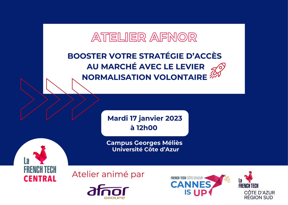 📣 Événement  #FrenchTechCentral, Mardi 17 Janvier à 12h, à Cannes avec l’AFNOR, organisé en partenariat avec <a href="/CannesIsUp/">Cannes Is Up</a> :
Booster votre stratégie d’accès au marché avec le levier Normalisation Volontaire 💥

Inscrivez-vous vite  👉🏻 bit.ly/FTCAFNOR23
