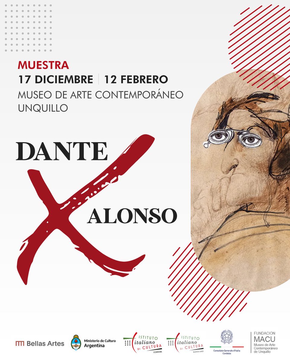 La muestra reúne 45 trabajos en papel del maestro Carlos Alonso (Mendoza, 1929) inspirados en la obra de Dante Alighieri, en conmemoración del 700° aniversario del fallecimiento del poeta florentino (1265-1321).
iiccordoba.esteri.it/iic_cordoba/it…