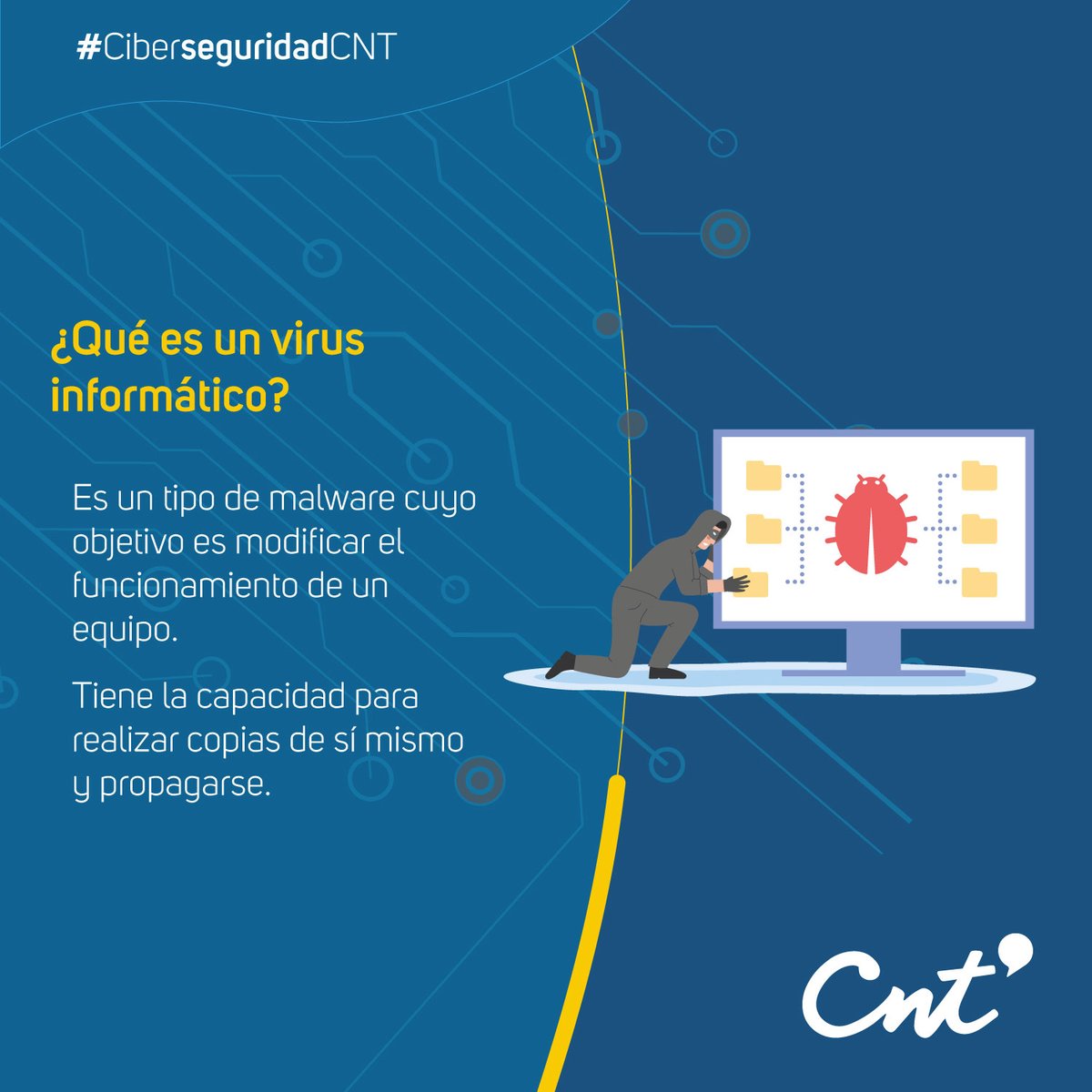 CNTinforma's tweet photo. #CiberseguridadCNT
 📶🌐🔐

¡Entérate!
El virus informático es un tipo de malware, que busca alterar el correcto funcionamiento de tu equipo, puede propagarse e infectar otros programas.

Te contamos más aquí⬇️ https://t.co/QwtbxzgOdd