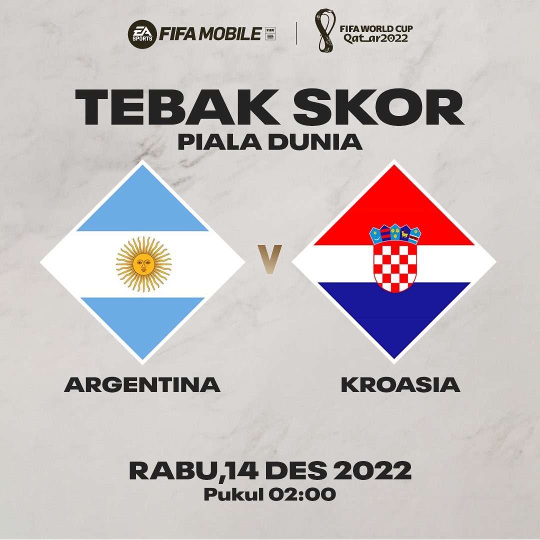 InfosuporterID's tweet photo. Yuk tebak skor Argentina vs Kroasia

Syaratnya masih sama 

1. Retweet Postingan ini
2. Jawaban wajib pakai hashtag #FIFAMobileIndonesia 
3. Hadiah total 50rb untuk 2 pemenang.
4. Kuis ditutup pas Kick Off  
5. Tebak Skor untuk 90 menit

Semoga beruntung https://t.co/4CzFcqVJKh