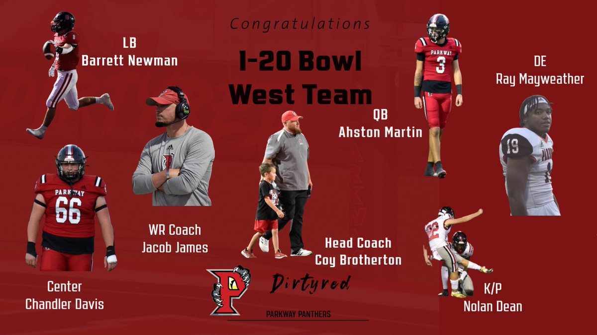 Congrats to these guys. They will represent the West team in the I-20 High school football bowl game. 
You can watch them this Sunday, December 18 at 2pm at Ruston High School. This is the 
7th annual LHSCA/LFCA I-20 Bowl. Admission will be $10.

#Dirtyred