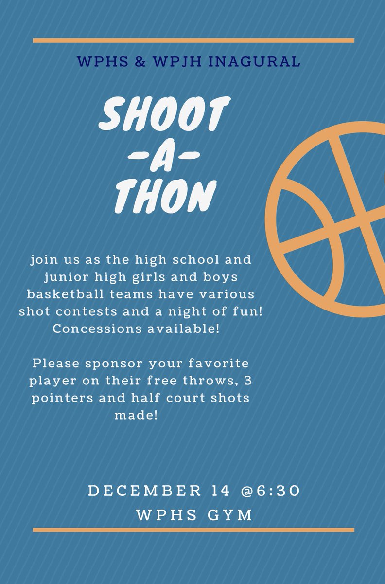 The first ever WP Shoot-A-Thon is tomorrow! Come watch all the wolf basketball players grades 7-12 will be showing off their shooting skills. Starts at 6:30 at WPHS gym!! See you there! 🏀 🐺