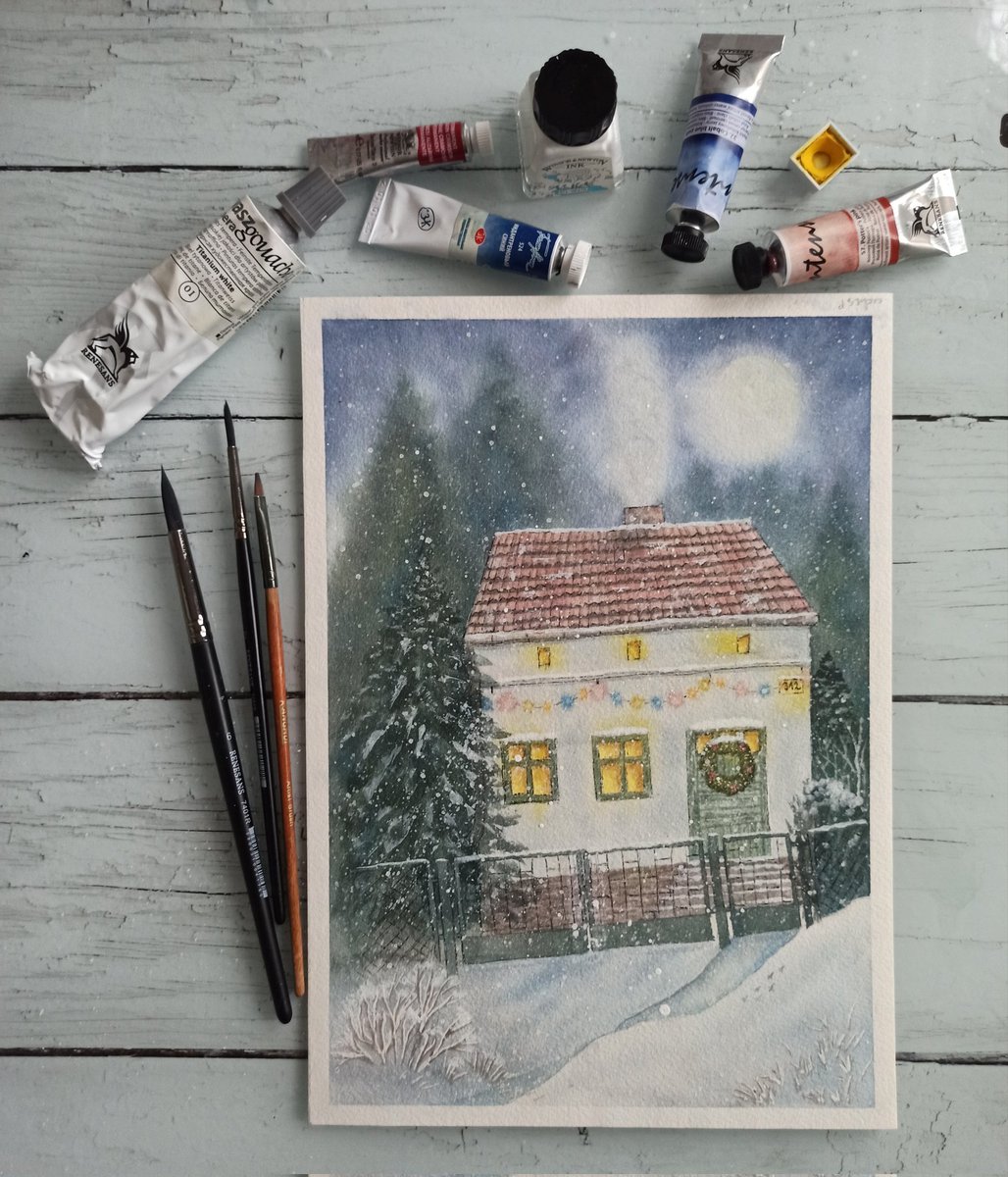 It is such fun to paint snow falling. Now my desk and plants are covered with white ink. This little watercolor cottage looks a bit crooked but christmassy and cosy. 
#watercolorpainting #snow #WinterIsHere #Christmas