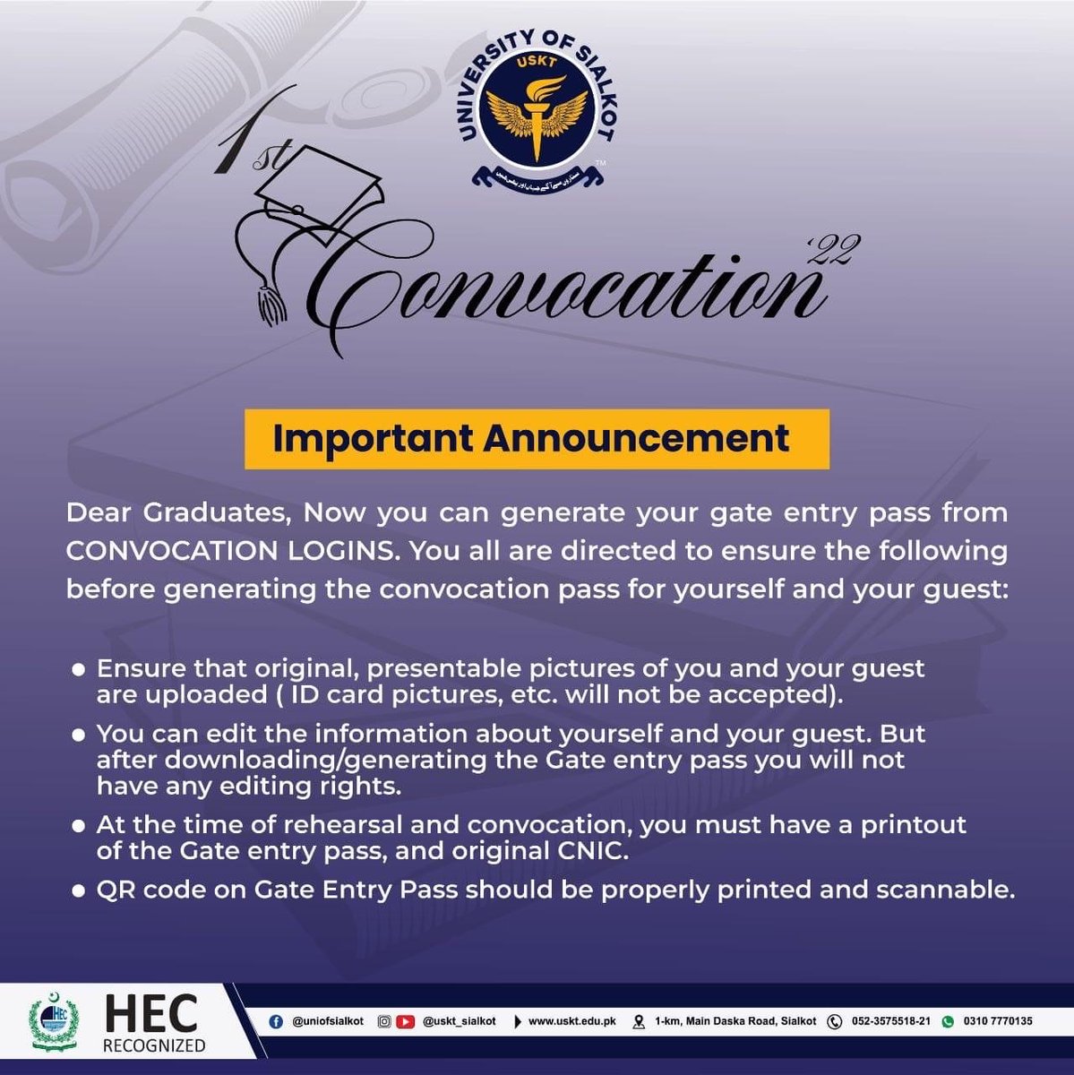 USKT_1's tweet photo. ••Attention: Convocation Participants••
Please adhere to the Gate Entry Pass instructions. Failure to follow the guidelines could prevent you from entering the venue.
#USKT #UniversityOfSialkot #USKTConvocation https://t.co/iPkLlQzw5p