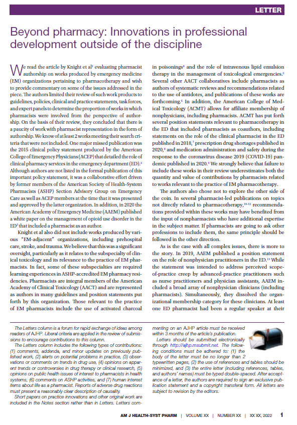 PharmERToxGuy's tweet photo. A recent @AJHPOfficial study concluded pharmacists were not included as authors on most EM guidelines/works related to pharmacotherapy: https://t.co/VBENvn2tBM.

Of course, there is always more to the story, so we wrote about it: https://t.co/Wvj6TNv3FW @Nadia_EMPharmD https://t.co/gANkD9e4Zm