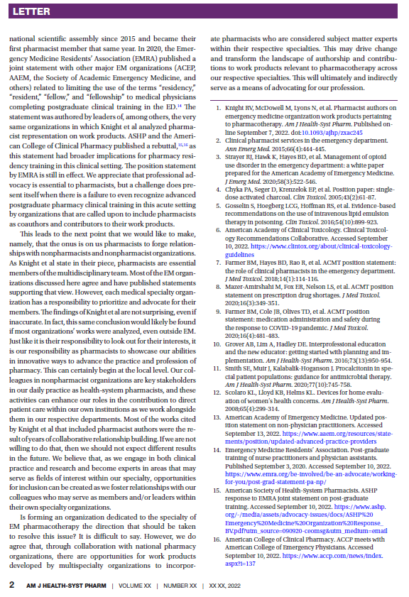 PharmERToxGuy's tweet photo. A recent @AJHPOfficial study concluded pharmacists were not included as authors on most EM guidelines/works related to pharmacotherapy: https://t.co/VBENvn2tBM.

Of course, there is always more to the story, so we wrote about it: https://t.co/Wvj6TNv3FW @Nadia_EMPharmD https://t.co/gANkD9e4Zm