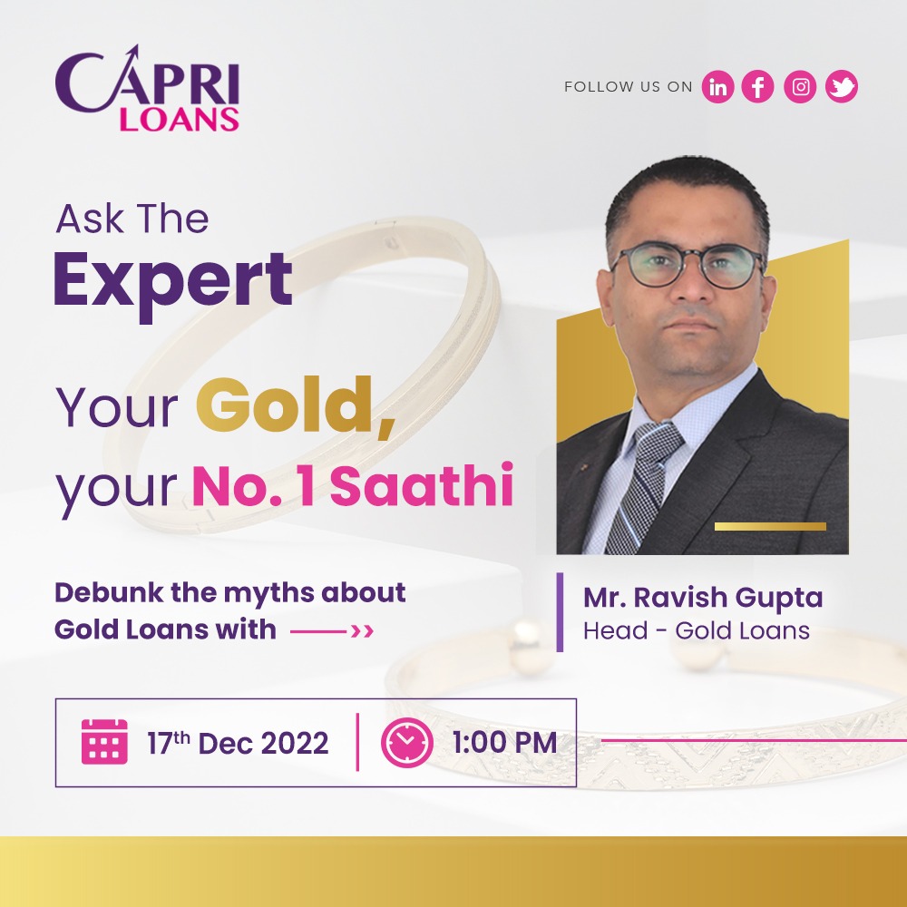 CapriGlobalCap's tweet photo. It's your chance to #KnowYourGold better.
Share all your gold loans related queries in the comments section by 16th Dec and our expert will address them in the live session.
Stay tuned and clear all the misconceptions about pledging gold. https://t.co/ZylI1gWN5g