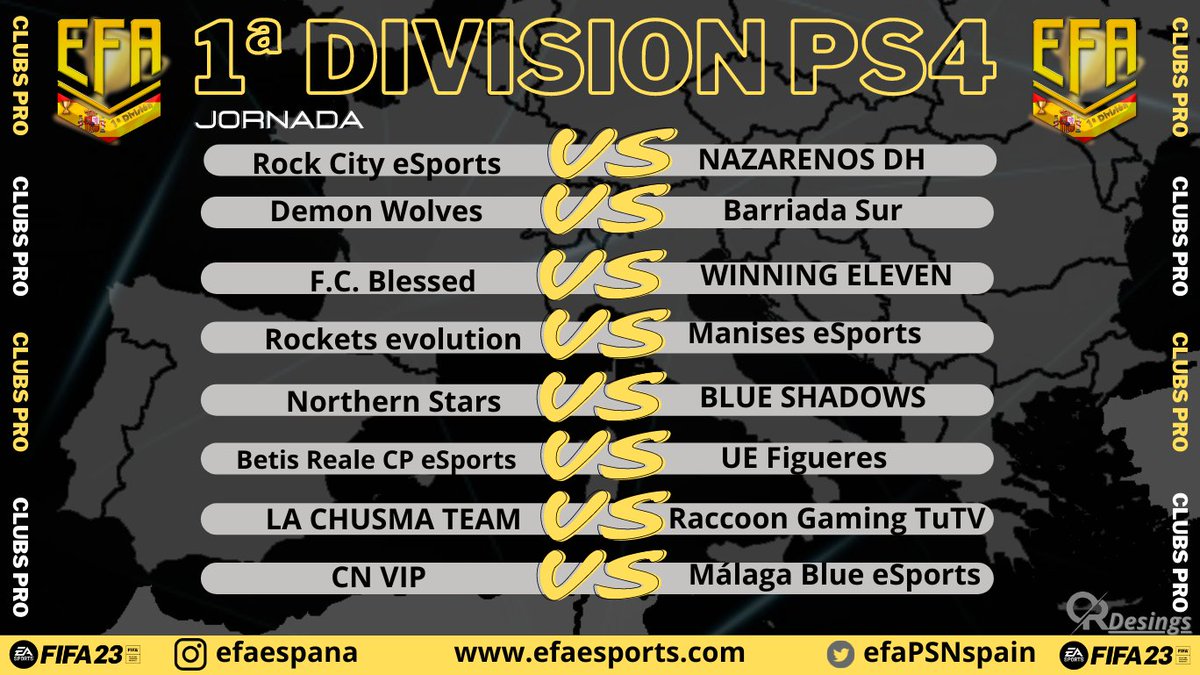 💥EFA PSN ESPAÑA💥
#1DivEFAEspañaPs4
📅Jornada 13/12/22
<a href="/AlquitrailereSp/">Alquitrailer</a>
<a href="/MANISESeSports/">Manises eSports</a> <a href="/BarriadaSur/">Barriada Sur</a> @Betis_RealeCP @RaccoonGamingPs <a href="/RockCityEsports/">Rock City eSports</a> <a href="/RocketsEvo/">Rockets Evolution FC🚀</a> <a href="/Northenstars1/">Northern Stars</a> <a href="/UEFeSports/">UE Figueres eSports</a> <a href="/Wining_eleven88/">Winning 11</a> <a href="/team_chusma/">La Chusma Team</a> 
Los equipos que faltais, un ❤ y follow por fa!!