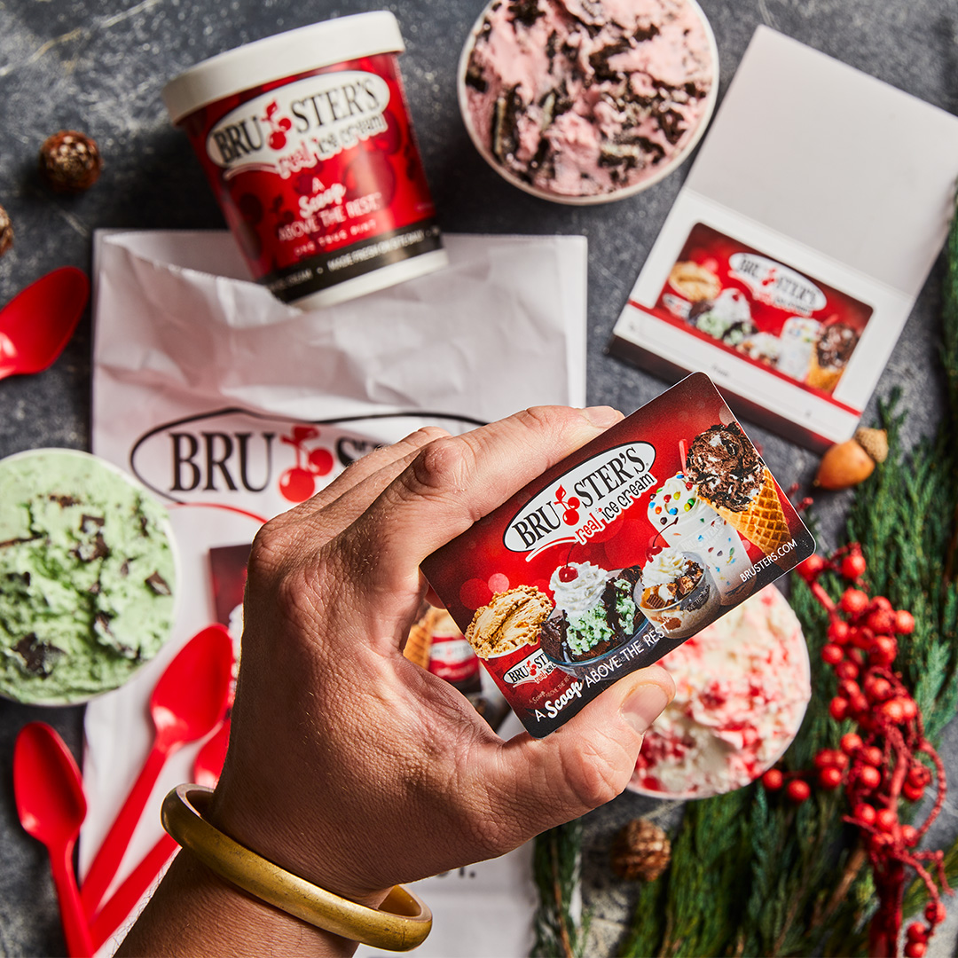 BrustersFresh's tweet photo. Gifts are nice, but #Bruster’s gift cards are even sweeter. 🎁 Get $5-$20 in FREE vouchers for gift card purchases of $25 or more! https://t.co/epbSeRlzSn