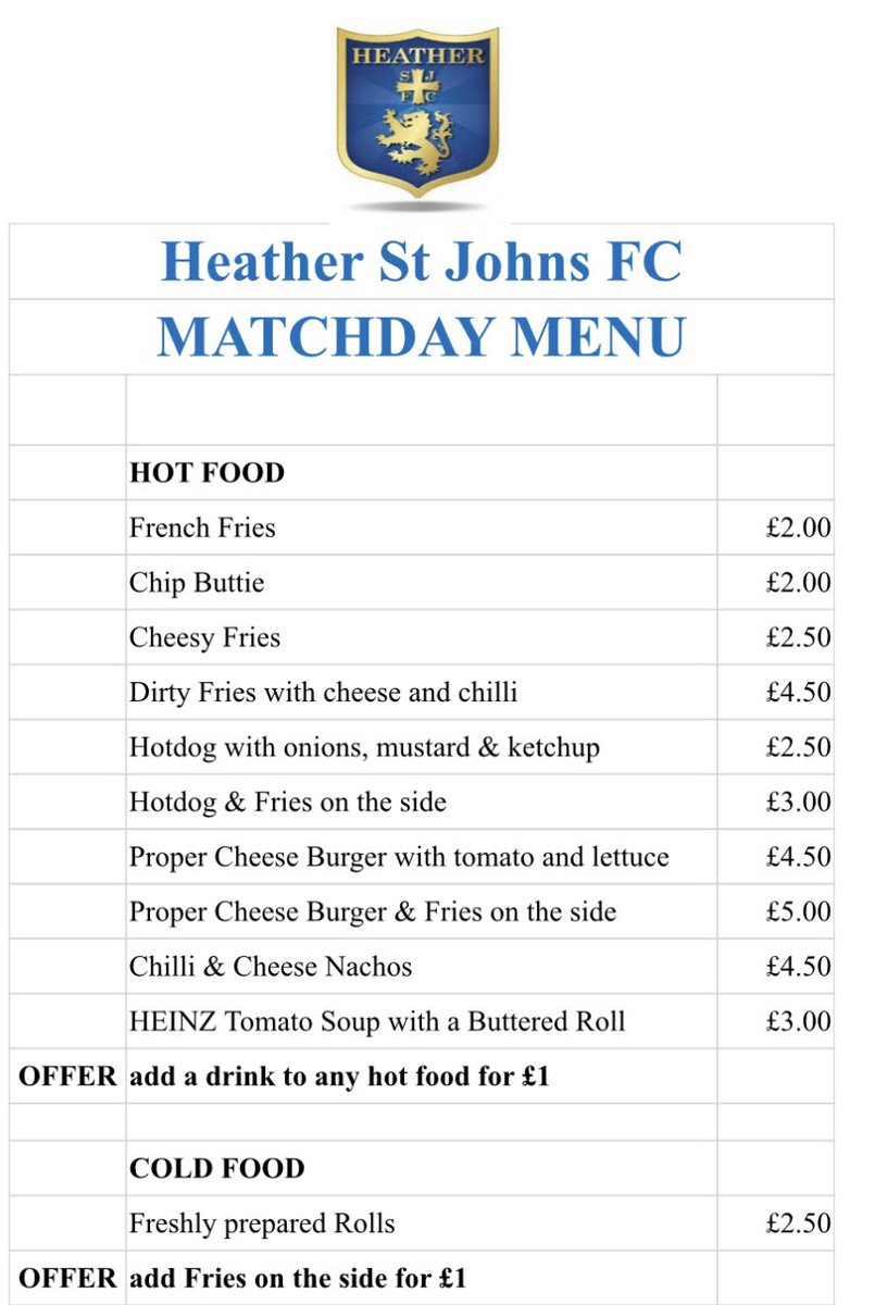 𝗪𝗲’𝗿𝗲 𝗱𝗲𝗹𝗶𝗴𝗵𝘁𝗲𝗱 𝘁𝗼 𝘀𝗵𝗼𝘄 𝗼𝘂𝗿 𝗻𝗲𝘄 𝗺𝗲𝗻𝘂 𝗳𝗼𝗿 𝘁𝗵𝗶𝘀 𝗦𝗮𝘁𝘂𝗿𝗱𝗮𝘆𝘀 𝗴𝗮𝗺𝗲 𝗮𝗴𝗮𝗶𝗻𝘀𝘁 Heanor Town 

Fixture details below ⬇️ 

🏟️ St John’s Park, LE67 2QJ 

⏰ 15:00 KO

🗓️ 17/12/22

SHARE, SHARE, SHARE! ⚽️💙

#hsjfc #upthesaints