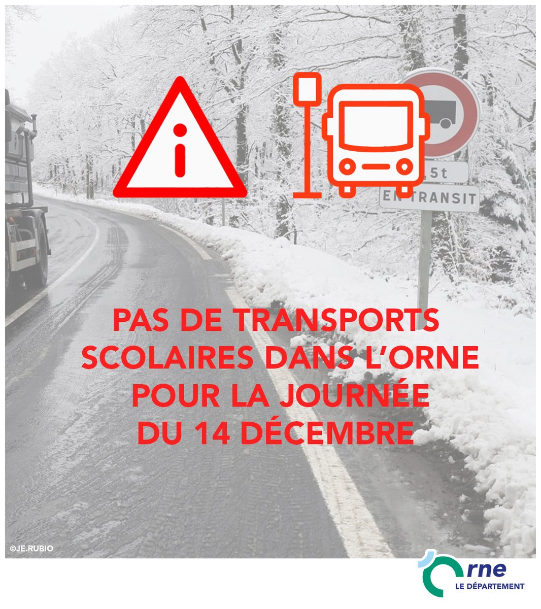 ⚠️ Suite aux intempéries annoncées durant la nuit de mardi à mercredi, le <a href="/Prefet61/">Préfet de l'Orne 🇫🇷</a> a publié un arrêté interdisant la circulation des transports scolaires dans l'Orne pour la journée du 14 décembre 2022 👉 bit.ly/3UVXB98 ❌