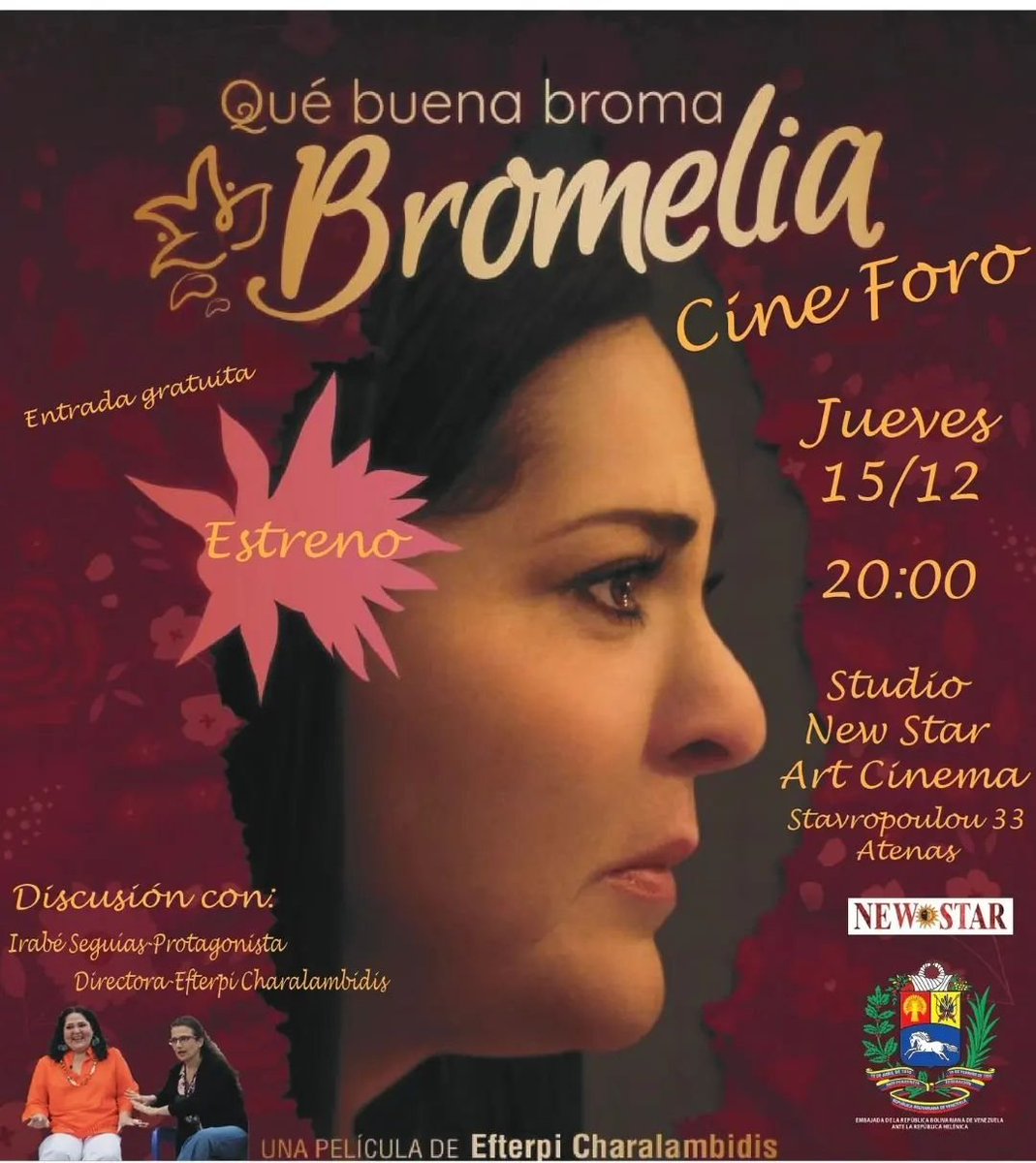 #ATENCION
Llegamos a Grecia con nuestro #cinevenezolano y tendremos función en Atenas el #15Dic 
<a href="/QBBBFILM/">Qué buena broma, Bromelia</a> #quebuenabromabromelia 
<a href="/culturyalgomas/">irabé</a> <a href="/CNAC_Venezuela/">Centro Nacional Autónomo de Cinematografía🎥</a> <a href="/villadelcine/">Villa del Cine</a> <a href="/minculturave/">Ministerio del Poder Popular para la Cultura</a> <a href="/EmbaVEGrecia/">Embajada de Venezuela en Grecia</a> @CancilleriaVE <a href="/VillegasPoljak/">Ernesto Villegas Poljak</a>