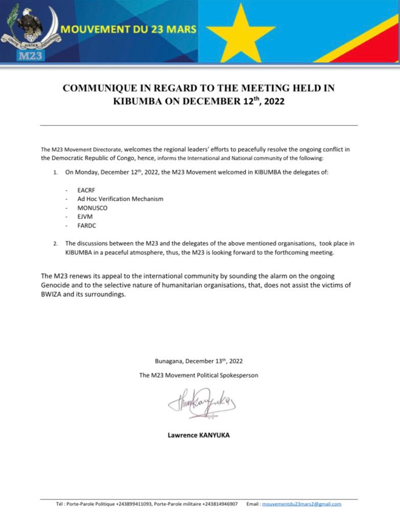 COMMUNIQUÉ DU MOUVEMENT SUR LA RÉUNION TENUE À #KIBUMBA LE 12 DÉCEMBRE 2022