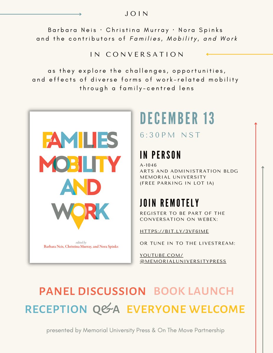 Happening tonight <a href="/MemorialU/">Memorial University</a>, with <a href="/OTMpartnership/">On The Move</a> 
Join the contributors of 'Families, Mobility, and Work' at 6:30pm for a panel discussion exploring the challenges and effects of work-related mobility.
In person in A-1046 or join virtually at bit.ly/3VF61me