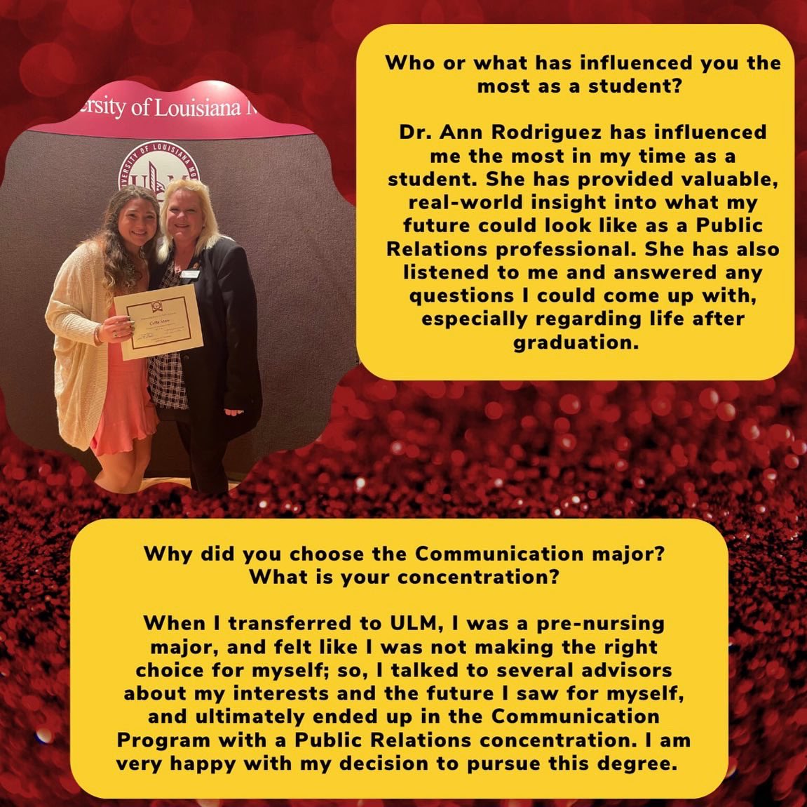 UlmComm's tweet image. Get to know graduating senior Callie Shaw! She is a COMM major with a concentration in PR and two minors. Callie's future is bright, and yours can be too as a COMM major! #ulmcommprogram