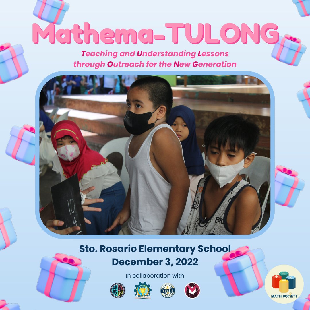 acsci_mathsoc's tweet photo. This season of giving 🎁, the "Mathema-TULONG: Teaching and Understanding Lessons through Outreach for the New Generation" of Math Society, together with HonSoc, MACRO, KaMFil, and ASTRO of Angeles City Science High School 💡 https://t.co/wvzDPrPgbQ