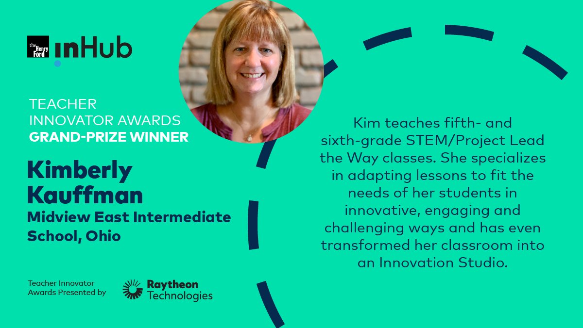 Meet Kimberly, a grand prize winner of The Henry Ford’s Innovation Nation Teacher Innovator Awards, presented by @RaytheonTech. Throughout her 25-year career, she has specialized in adapting lessons to fit her students' needs in innovative, engaging & challenging ways. Congrats!