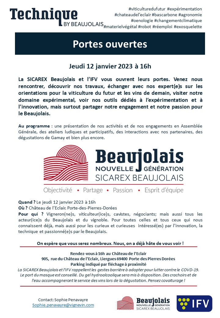 📢 Le 12 janvier la <a href="/SicarexBjls/">Sicarex Beaujolais</a> et <a href="/vignevinfrance/">IFV</a> ouvrent leurs portes. Venez échanger avec nos expert(e)s sur les orientations pour la #viticulturedufutur et les vins de demain, visiter notre domaine expérimental, partager nos engagements et notre passion pour le #beaujolais