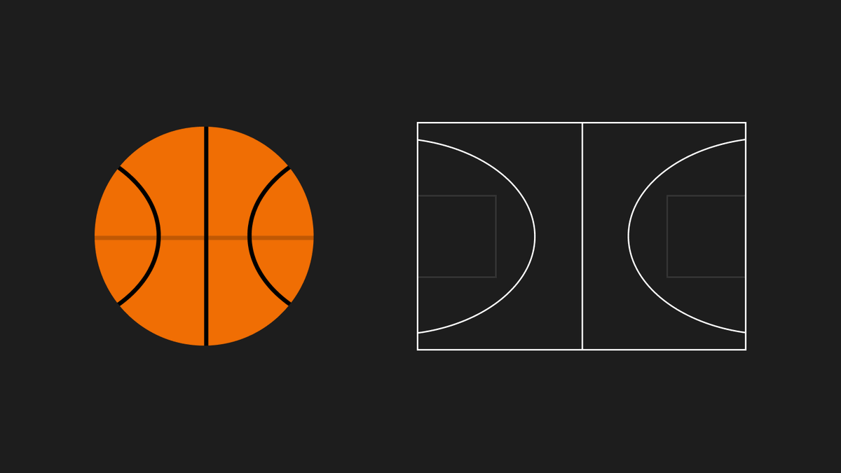 Basketball next to diagram of basketball court