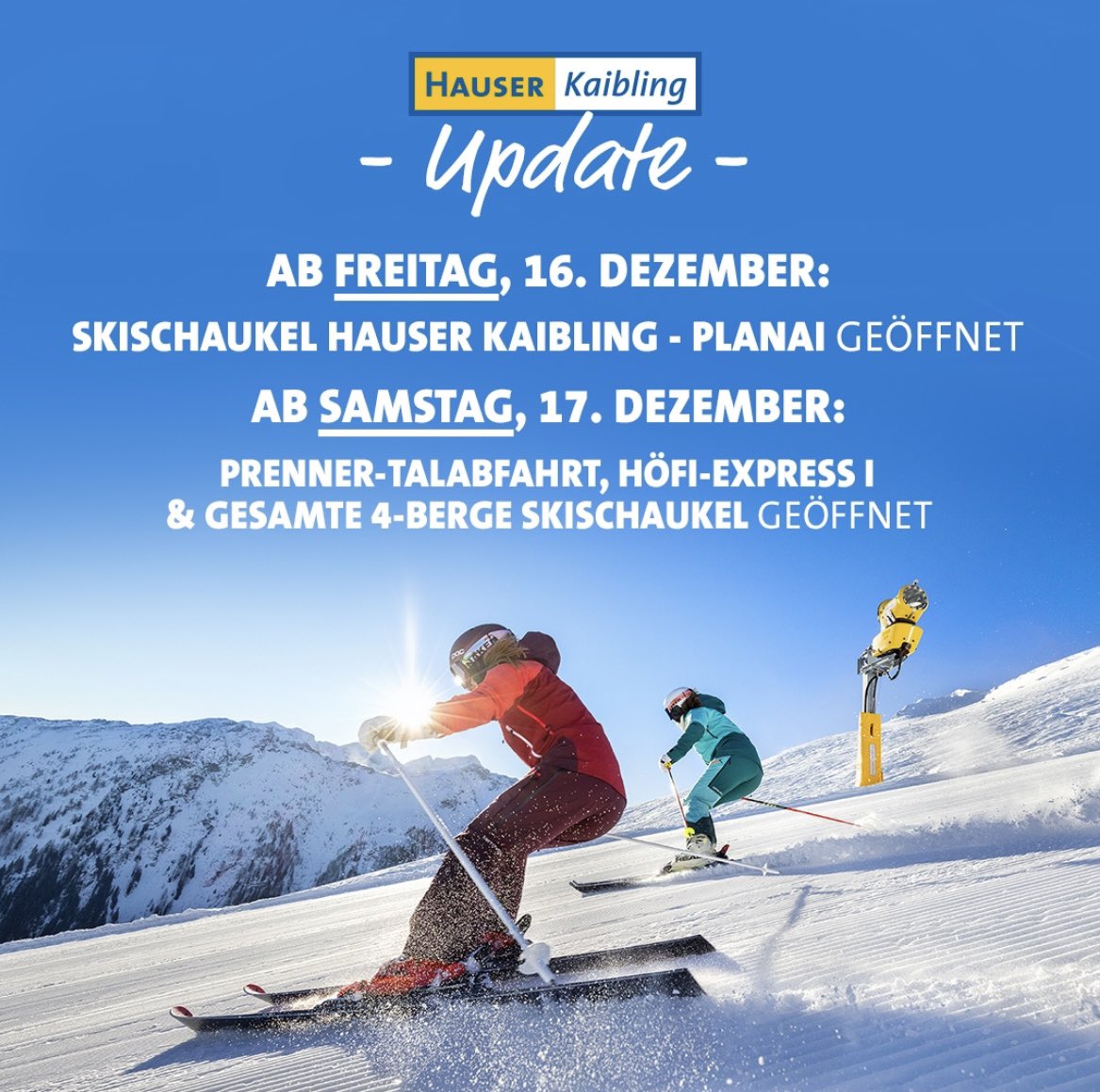 HauserKaibling's tweet image. 🤩 GOOD NEWS 🤩

Ab Fri(yay), 16. Dezember ist die Skischaukel zwischen Hauser Kaibling und Planai für euch geöffnet! 

Ab Samstag, 17. Dezember könnt ihr auch endlich bis ins Tal schwingen und zwischen allen 4-Bergen pendeln! 🎿⛷️🚡

Wir freuen uns auf euch! ❄️