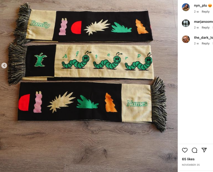 Onze prijswinnende sjaal is nu te koop (op internet).

- warm
- zacht
- inclusief rupsjes en appels

Koop nu via afterpartees.company.site