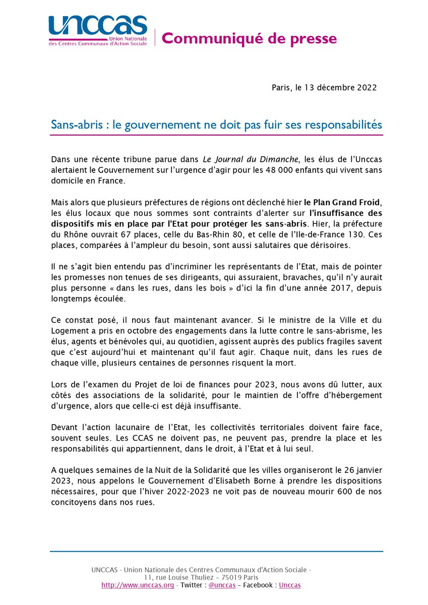 Activation du #PlanGrandFroid : l’Unccas et son Président <a href="/luccarvounas/">Luc Carvounas</a> appelle le #Gouvernement à prendre ses responsabilités pour éviter 600 morts de plus cet hiver.
📰 Notre communiqué de presse ⬇️
