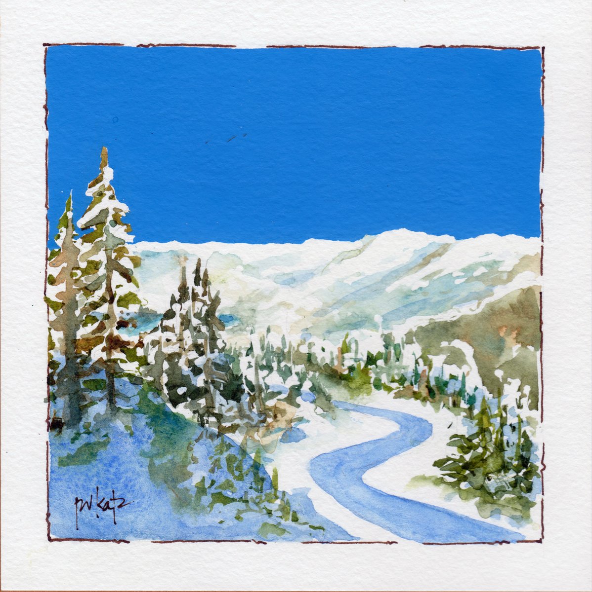 ‘Downhill From Here’ - the Day 5 Release in the Blue Sky Series featuring nine paintings in nine days. This 6x6 original watercolor on paper is mounted on an 8x8 mat board and priced at $75 (shipping and taxes included). See link for how to make it yours.pauseworks.com/patkatzartwp/r…