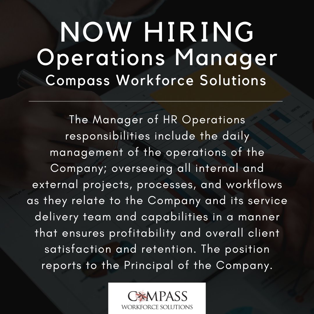 CompassWFS's tweet image. Compass Workforce Solutions is growing and expanding our service area. Our growth strategy includes adding a Manager of HR Operations to lead the CWS team.
Here is the link to apply: linkedin.com/jobs/view/3324…
#nowhiring #operationsmanager #compassworkforcesolutions