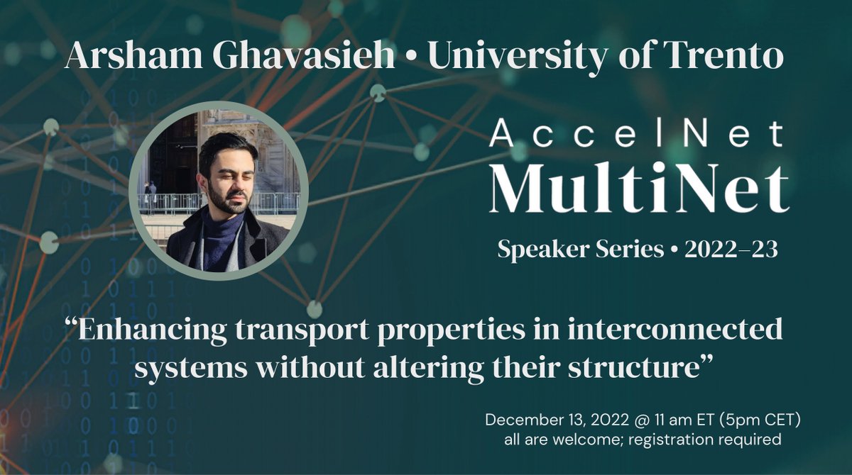 AccelNet-MultiNet (@multilayernets) on Twitter photo 🚨 Starts in 60M! Join us at 11 AM ET for a MultiNet talk by <a href="/ArshamGhavasieh/">Arsham Ghavasieh</a> (University of Trento), "Enhancing transport properties in interconnected systems without altering their structure." All are welcome. Abstract & registration: accelnet-multinet.org/talks/arsham-g… <a href="/IUNetSci/">IUNI</a> <a href="/NUnetsi/">Network Science Institute</a> 🚨 Starts in 60M! Join us at 11 AM ET for a MultiNet talk by <a href="/ArshamGhavasieh/">Arsham Ghavasieh</a> (University of Trento), "Enhancing transport properties in interconnected systems without altering their structure." All are welcome. Abstract & registration: accelnet-multinet.org/talks/arsham-g… <a href="/IUNetSci/">IUNI</a> <a href="/NUnetsi/">Network Science Institute</a>