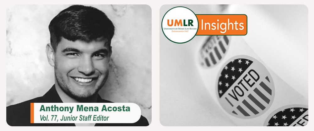 UMLawReview's tweet photo. The independent state legislature theory might change election law as we know it. How? Volume 77 Junior Staff Editor Anthony Mena Acosta discusses Moore v. Harper, the theory, and its potential consequences.
Link: https://t.co/lW9GLkUl1h
#UMLR #miamilaw #miamilawschool https://t.co/TymvvxPf7N