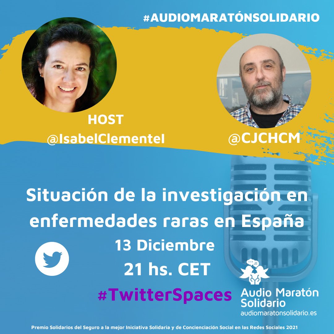 IsabelClementeT's tweet photo. Dentro de 5 horas os espero en el #AudioMaratónSolidario
Con @CJCHCM para analizar la
🎙️ Situación de la investigación en #enfermedadesraras en España dentro del #AudioMaratónSolidario 

🗓️ Martes 13 diciembre
⏰ 21:00 h CET
https://t.co/OJlmphRpbs https://t.co/GJJV22b3y4