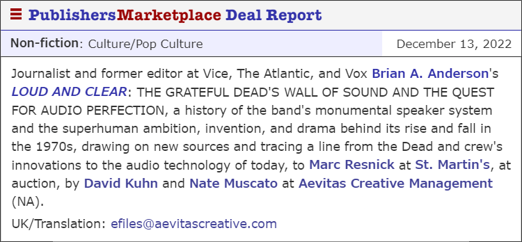 Brian A. Anderson (@thebanderson) on Twitter photo Some cool news to share: I’m writing a book on the <a href="/GratefulDead/">Grateful Dead</a>'s Wall of Sound for <a href="/StMartinsPress/">St. Martin's Press</a>. Stoked on it! Some cool news to share: I’m writing a book on the <a href="/GratefulDead/">Grateful Dead</a>'s Wall of Sound for <a href="/StMartinsPress/">St. Martin's Press</a>. Stoked on it!
