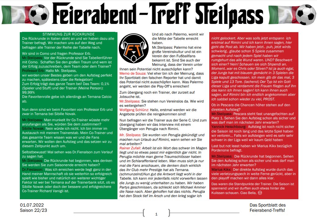 Das Sportblatt von unserem Multiplayer Save 🇮🇹⚽️