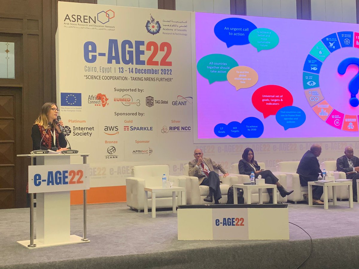 ASRENorg's tweet photo. How are Arab #NRENs contributing to the @UN_SDG? Silvia Fiore from @GEANTnews walks the audience through the many examples of Arab contributions to SDGs on #education, #genderequality, #innovation, job creation, #partnerships, #ClimateAction and many more! https://t.co/9To3nEsgQu