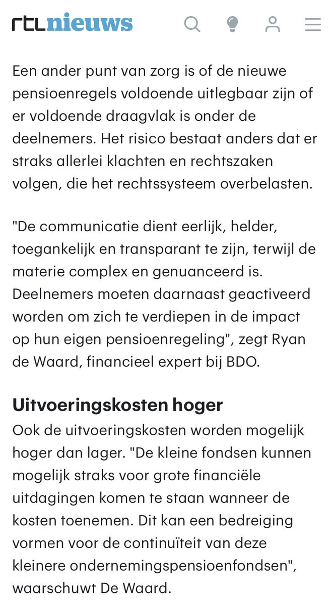 Opnieuw waarschuwing voor rechtszaken door complexiteit nieuw pensioenstelsel. Waardoor rechtssysteem overbelast raakt. Opnieuw waarschuwing over uitlegbaarheid. Opnieuw waarschuwing over hogere kosten invoering en bedreiging continuïteit pensioenfondsen. Pensioenwet is een ramp!