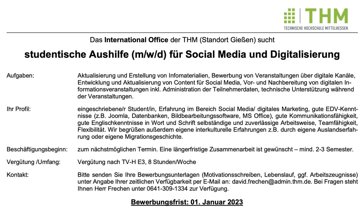 #JobAlert 🚨 – mit internationaler Komponente. Denn: Das International Office der @THMittelhessen sucht studentische Unterstützung im #SocialMedia-Bereich. 🥳