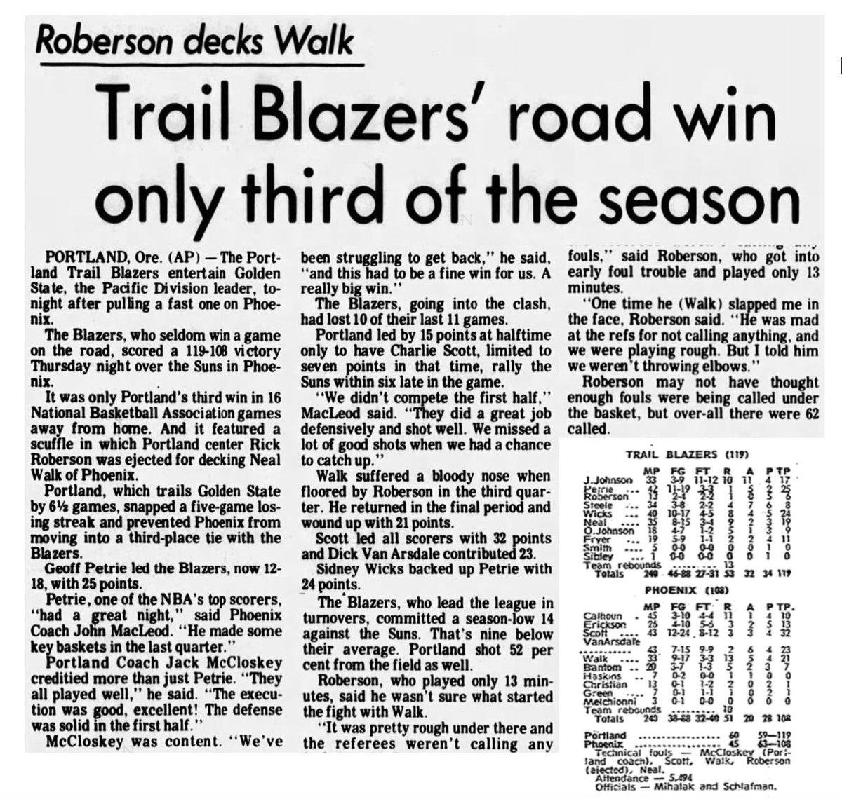 77Blazers's tweet photo. Dec 13 1973 - #JohnJohnson records his 1st triple-double in @trailblazers 119-108 victory over @Suns.
Johnson ended game w/17 pts 10 rebs & 11 assts whil #RickRoberson was tossed for fighting #NealWalk in the win.
#RipCity https://t.co/GMJKthN9wX