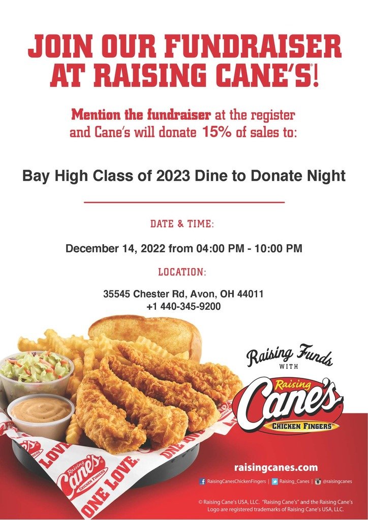 Help the Class of 2023 with their fundraising efforts...dine out at Raising Cane's in Avon tomorrow, Wed., December 14.