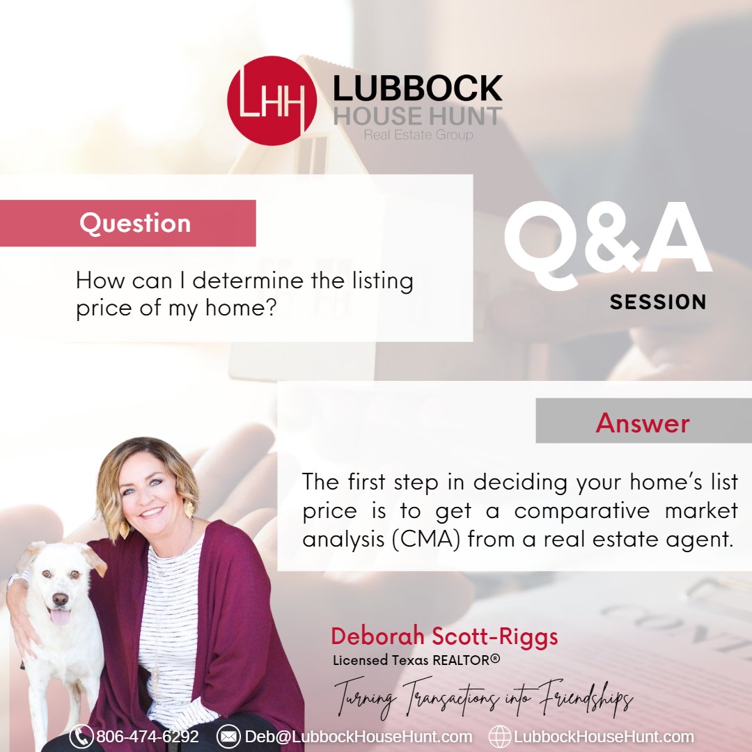 DebScottREALTOR's tweet photo. The first step in deciding your home’s list price is to get a comparative market analysis (CMA) from a real estate agent.

Want to know how much your home's worth? Don't hesitate to call me!

#deblubbockhousehunt #lubbockhousehunt #texasrealtor #realestateagent #homesforsaletexas https://t.co/ixjbyjsjmj