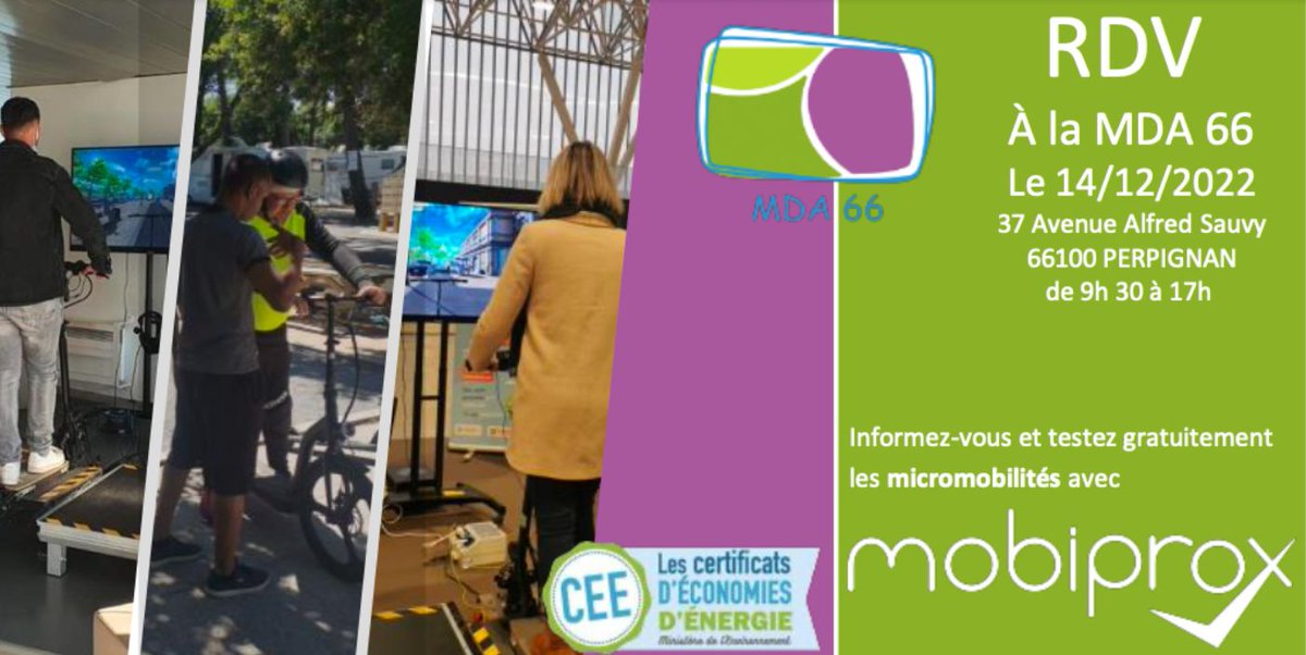 🛴 Mobiprox sera présent à la <a href="/MDA66_PO/">MDA66</a> ce mercredi 14 décembre 2022 !
Au programme : sensibilisation à l'écomobilité et  initiation/prévention à la trottinette électrique.
Plus d'informations et inscriptions 👉 mda66.fr
 #Prévention #Mobilitédurable #jeunesse