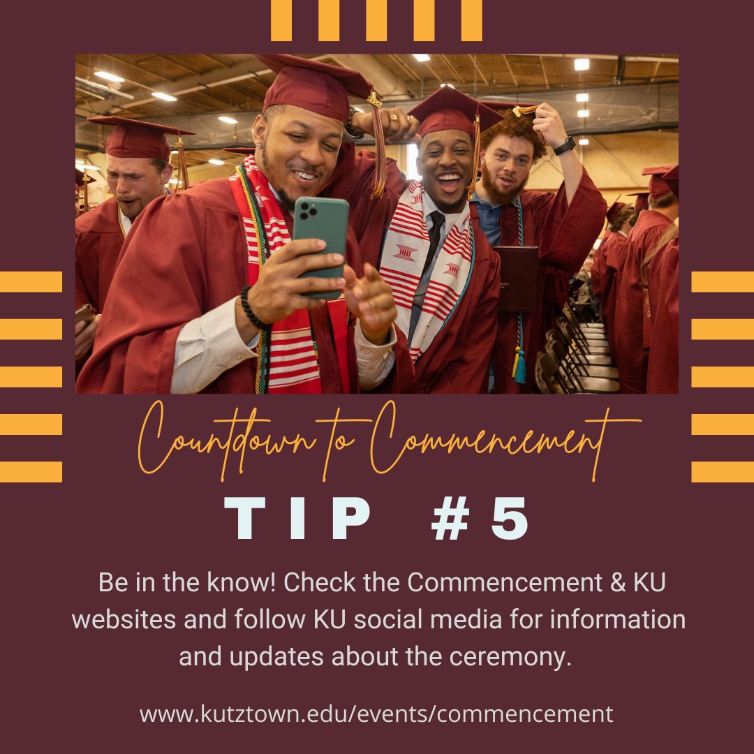 KUCommencement's tweet photo. 🎓Commencement Tip #5️⃣: Be in the know! Check the commencement (https://t.co/jnZzOQ21uk) &amp; KU websites and social media for information and updates about the ceremony. 🐻💛📲 #KU2022

Instagram &amp; Facebook: @KUCommencement https://t.co/PuJualniBK