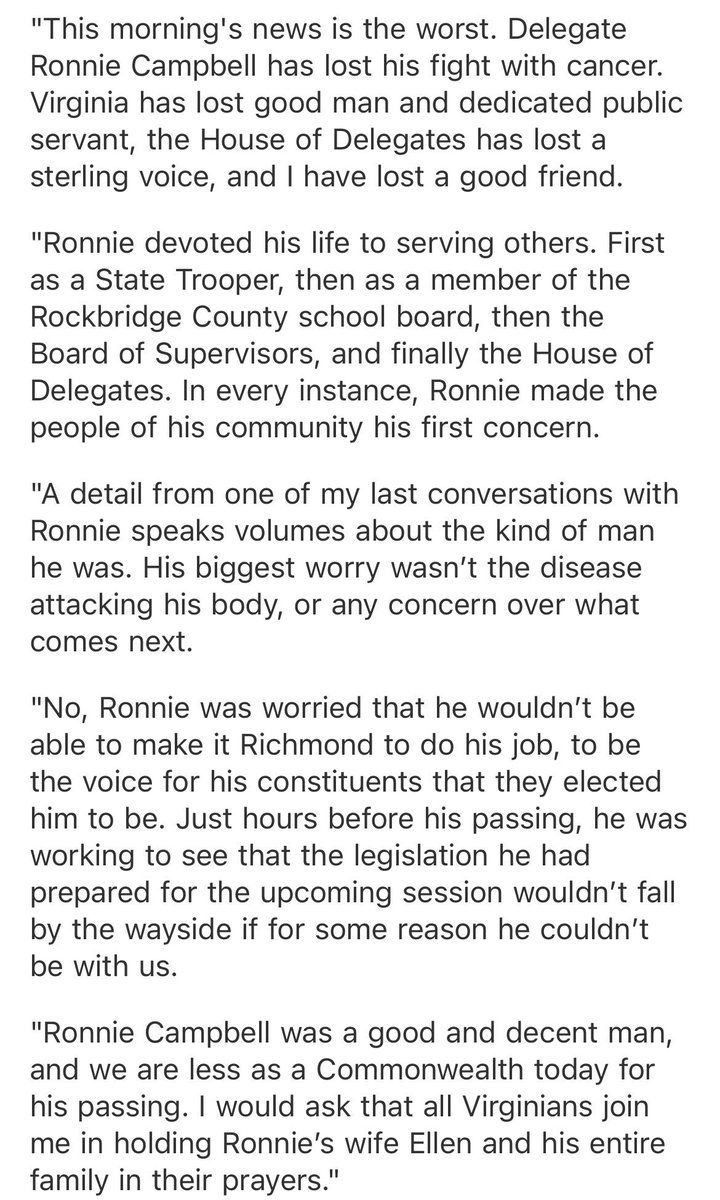 Emily Jordan (@emilyjordan4va) on Twitter photo Speaker <a href="/cToddGilbert/">Todd Gilbert</a> said it best: Del. Ronnie Campbell put others before himself. He truly lived up to the motto of VSP: Valor. Service. Pride. — where he was a Trooper prior to serving in the House. My prayers are with his family. I’ll miss my friend from the “Amen Corner”. Speaker <a href="/cToddGilbert/">Todd Gilbert</a> said it best: Del. Ronnie Campbell put others before himself. He truly lived up to the motto of VSP: Valor. Service. Pride. — where he was a Trooper prior to serving in the House. My prayers are with his family. I’ll miss my friend from the “Amen Corner”.