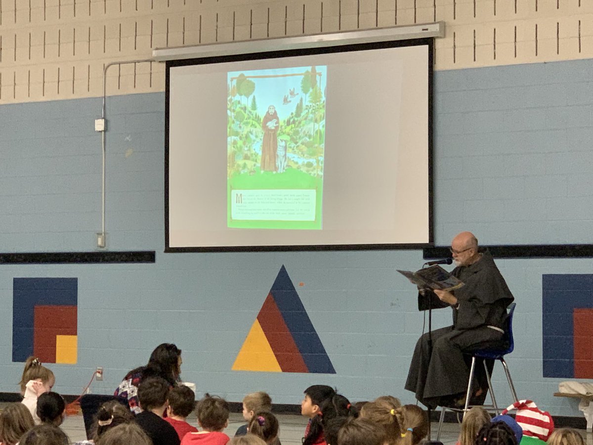 Thank you Friar Moe for coming to read us The Christmas Donkey.  #ocsbJoy ⁦<a href="/JohnPaulIIOCSB/">St. John Paul II School</a>⁩