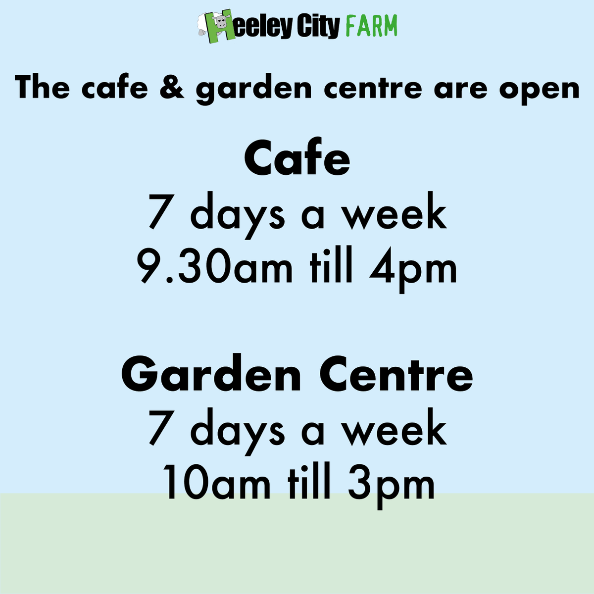 HeeleyCityFarm's tweet photo. We have seen some articles online saying that the cafe and garden centre have closed. This is not the case. 

The cafe is still open 7 days a week, 9.30am till 4pm 

The Garden Centre is still open 7 days a week, 10am till 4pm https://t.co/iSsCZ77Sls