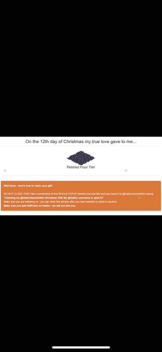 apah02's tweet photo. Claiming my @HabboQuestsWeb Christmas Gift! My @Habbo username is apah12 https://t.co/2hV6dD4Sov