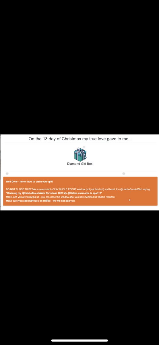apah02's tweet photo. Claiming my @HabboQuestsWeb Christmas Gift! My @Habbo username is apah12 https://t.co/2hV6dD4Sov