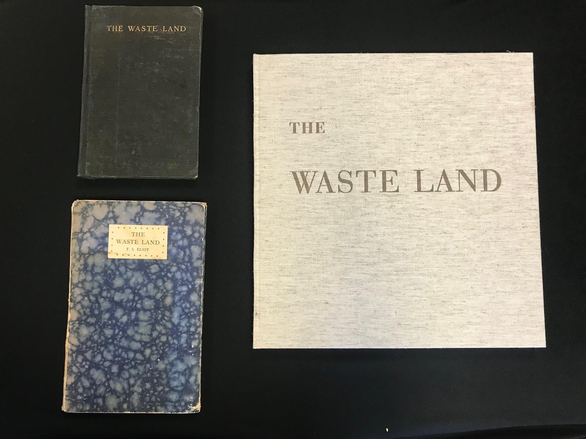 It's the 100th anniversary of the publication of T.S. Eliot's The Wasteland. Our copies include the 1922 New York Boni and Liveright second ed (811 El4w), the 1923 Hogarth Press ed (811 Eℓ4w1923), and the 2007 Arion Press ed (SFFP Q. 811 El4w2007).