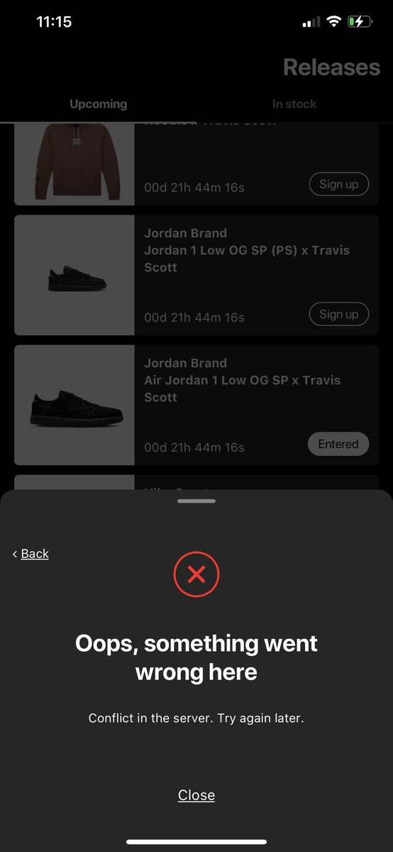 ccagudelo1990's tweet photo. @sneakersnstuff Why do I get this every time I want to enter the raffle ? Any one knows ? Or gets this same thing ? @sneakersnstuff https://t.co/i8YJQeREip